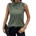 Women's asymmetrical cowl neck sleeveless tank top in Army Green front view