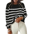 Women's striped shoulder button pullover sweater in Black front view