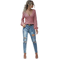 Women's V neck puff sleeve slim fit long sleeve T shirt in Dusty Rose front view